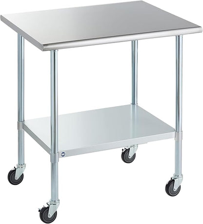ROCKPOINT Stainless Steel Table for Prep & Work with Caster Wheels 30x36 Inches, NSF Commercial Heavy Duty Table with Undershelf and Legs for Restaurant, Home and Hotel