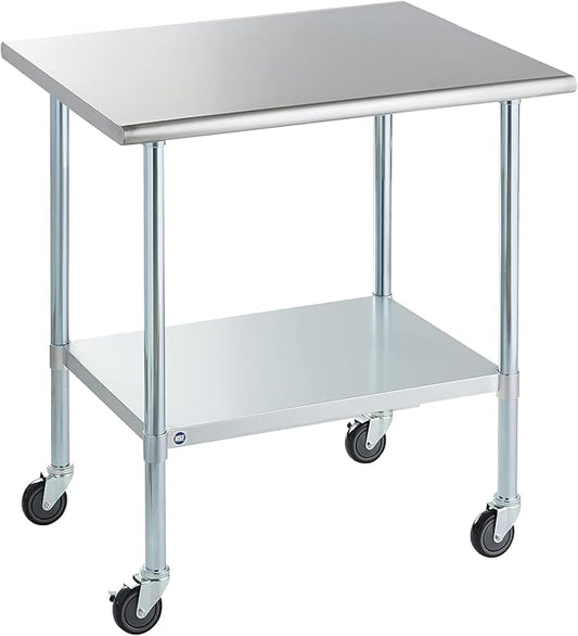 ROCKPOINT Stainless Steel Table for Prep & Work with Caster Wheels 30x36 Inches, NSF Commercial Heavy Duty Table with Undershelf and Legs for Restaurant, Home and Hotel