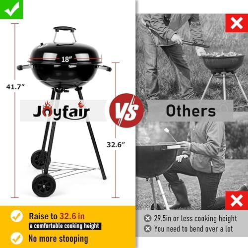 Joyfair 18 Inch Kettle Charcoal Grill with Charcoal Chimney Starter, Outdoor Barbecue Grill for Camping/Backyard/Tabletop Grilling, Portable Round Smoker with Wheels