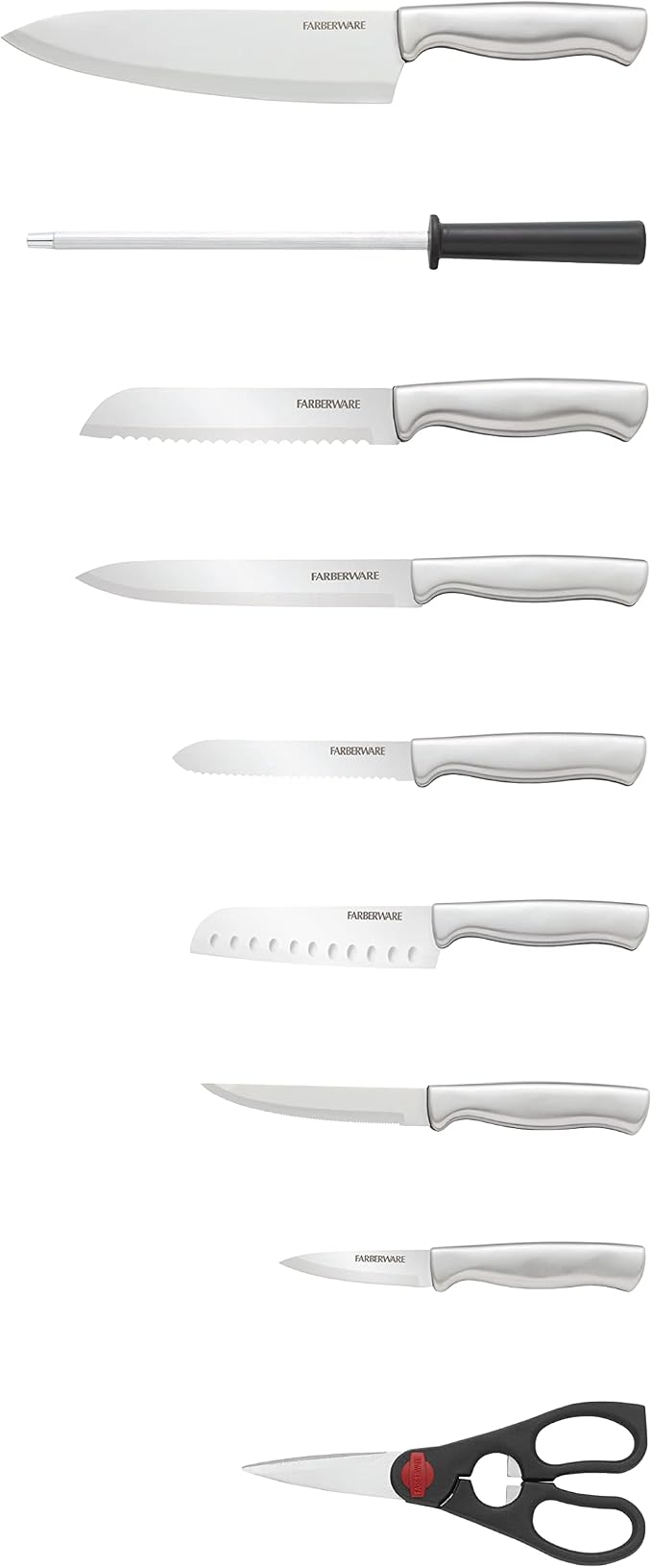 Farberware 15-Piece Kitchen Knife Set, High-Carbon Stainless Steel Blades with Wood Block, Steak Knives, Sharpening Tool & All-Purpose Shears, Razor Sharp, Ergonomic Stainless Steel Handles