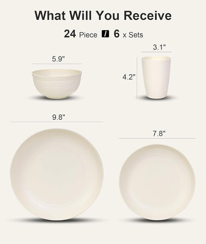 Quatish 24 Piece Plates and Bowls Sets for 6, Unbreakable Dinnerware Sets, Dish Set for Camping, Dishwasher Microwave Safe, Outdoor Kitchen and Apartment Dorm Dinning RV Essentials, Beige