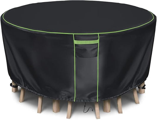 Round Patio Table Cover for Outdoor Table Chairs Set,600D Outdoor Furniture Cover Waterproof,Tear Resistance and Anti-UV,110" Dia x 28" H,Black