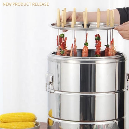 Smokeless Barbecue Hanging Grill With 20 Skewers Stainless Steel Charcoal BBQ Stove Charcoal Braised Grill Barrel Large Capacity Portable 360° All Round Roasting Oven (36cm*34cm (14.2''x13.4''))
