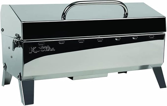 Kuuma "Kuuma Premium Stainless Steel Mountable Charcoal Grill w/Inner Lid Liner by Camco -Compact Portable Size Perfect for Boats, Tailgating and More - Stow N Go 160"" (58110)", silver