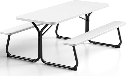 Picnic Table, 6 FT Outdoor Picnic Table with Benches for 8 People, Heavy Duty Picnic Bench Set with Steel Frame, 600LBS Capacity, Patio Dining Table Set for Backyard, Park, Garden, School