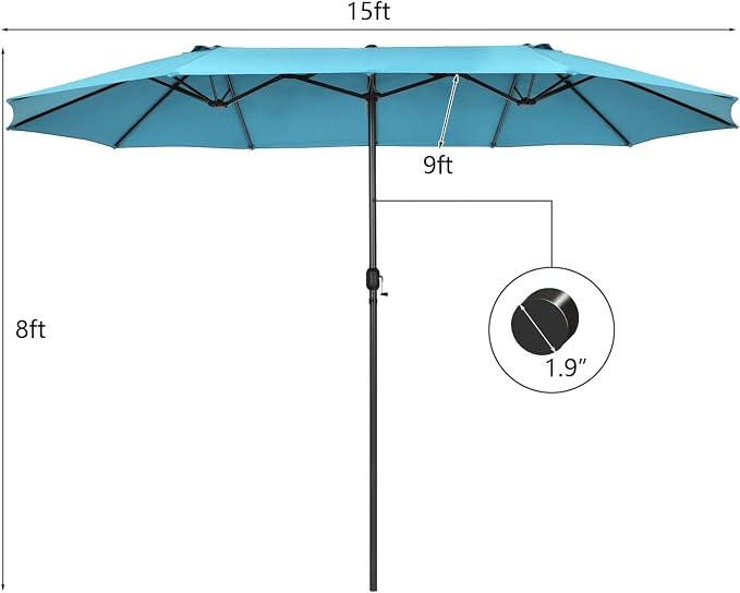 Tangkula 15Ft Double-Sided Patio Umbrella, Outdoor Extra Large Umbrella W/Hand-Crank System & Air Vents, Market Twin Umbrella W/ 12-Rib Sturdy Metal Frame for Poolside, Garden Backyard (Turquoise)