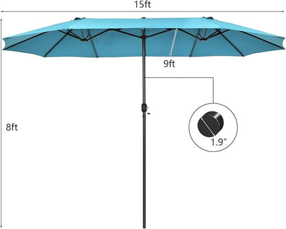 Tangkula 15Ft Double-Sided Patio Umbrella, Outdoor Extra Large Umbrella W/Hand-Crank System & Air Vents, Market Twin Umbrella W/ 12-Rib Sturdy Metal Frame for Poolside, Garden Backyard (Turquoise)