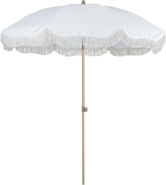 Tempera 7ft Boho Beach & Patio Umbrella with Fringe, Market Umbrellas with UPF 50+ UV & Water-Resistant Canopy, 1.5" Wood Pole & Button Tilt.