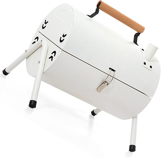 RiToEasysports Charcoal Barbecue Grill, Portable Double Sided Metal BBQ with Independent Carbon Groove and Wooden Handle, for Camping Picnics Parties Outdoor Home Use (White)