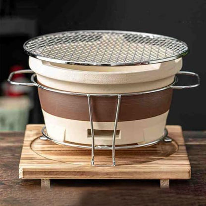 Clay Charcoal Stove, Portable Barbecue Stove, Tabletop Clay Stove, Tea Making Charcoal Stove, with Metal Rack, Wooden Base, Metal Grill Pan, Outdoor Charcoal Stove(Large)