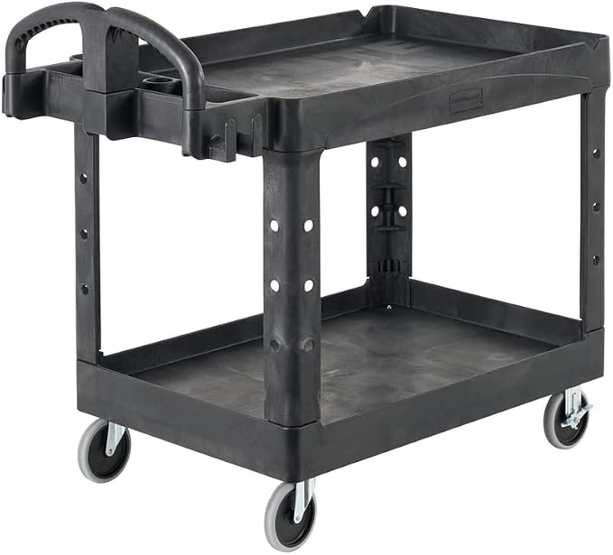 Rubbermaid Commercial Products 2-Shelf Utility/Service Cart, Medium, Black, Lipped Shelves, Ergonomic Handle, 500 Lbs Capacity, forfor Warehouse/Garage/Cleaning/Manufacturing