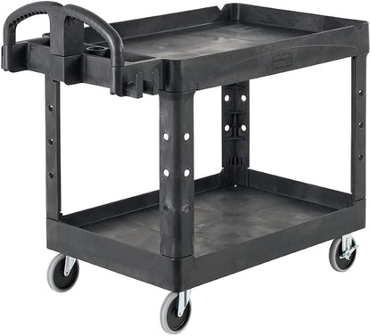 Rubbermaid Commercial Products 2-Shelf Utility/Service Cart, Medium, Black, Lipped Shelves, Ergonomic Handle, 500 Lbs Capacity, forfor Warehouse/Garage/Cleaning/Manufacturing
