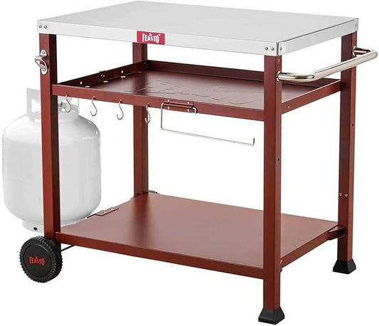 Feasto 3-Shelf Pizza Oven Table with 33.5" x 21.7" Stainless Tabletop, Outdoor Grill Cart with Tank Hook for Pizza Ovens & Griddles, Heavy-Duty Prep Station for Patio BBQ and Deck Parties, Coffee
