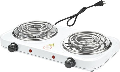 Compact and Portable Countertop Burner- Countertop Double Coiled Burner 2000 Watts Electric Hot Plate Temperature Controls White