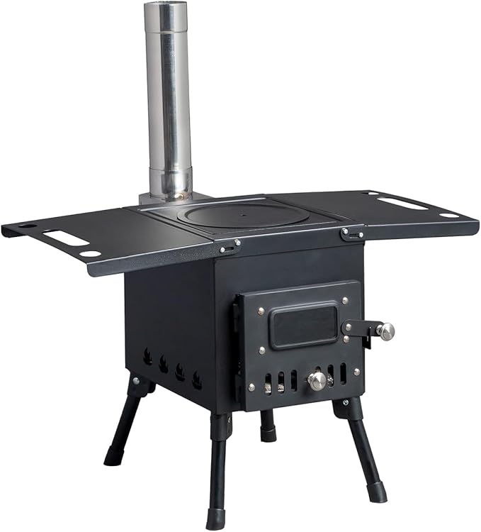 Wood Burning Camping Stove, Portable Cast Iron BBQ Grill Outdoor Cooking with Chimney Pipe, Black Wood Stove for Outdoor Cooking, Camping, Heating, Bonfire & Picnic