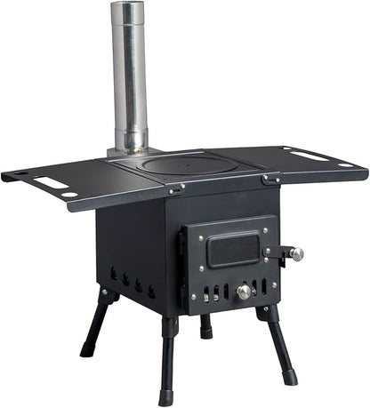 Wood Burning Camping Stove, Portable Cast Iron BBQ Grill Outdoor Cooking with Chimney Pipe, Black Wood Stove for Outdoor Cooking, Camping, Heating, Bonfire & Picnic