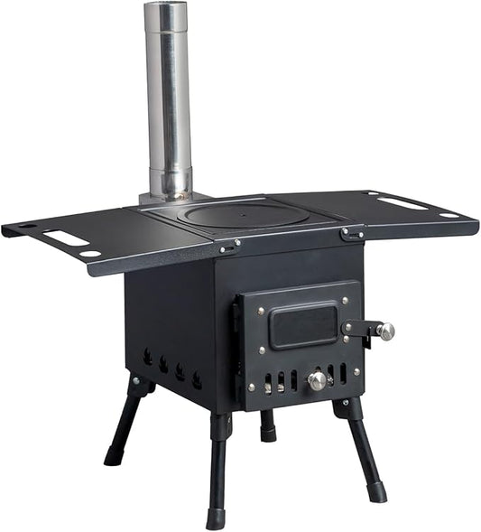 Wood Burning Camping Stove, Portable Cast Iron BBQ Grill Outdoor Cooking with Chimney Pipe, Black Wood Stove for Outdoor Cooking, Camping, Heating, Bonfire & Picnic