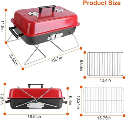 Portable Charcoal Grill, 19.7" Foldable BBQ Grill with Lid & Handle, 7 Air Vents, Compact Grill for Camping, Picnic, Backyard and Outdoor Cooking