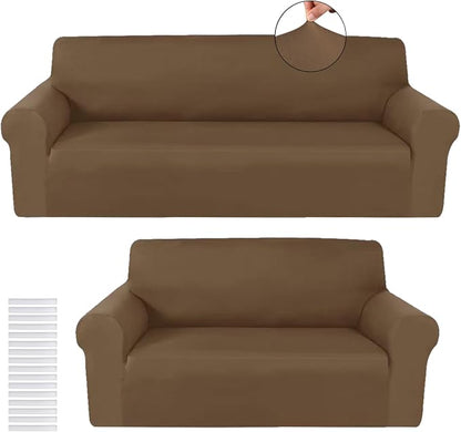 Peryiter 2 Pcs Couch and Loveseat Sofa Covers,Chocolate,Milk Silk | Armchair Covers for Living Room, Sofa Cushion Slipcover 2/3 Seater, Furniture Protector, Polyester and Spandex, Washable