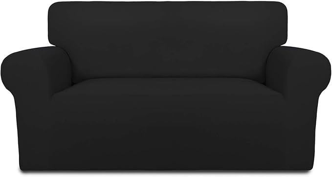 PureFit Stretch Loveseat Covers Fleece Couch Covers for Sofa Black | 1-Piece Sofa Slipcover Soft Couch Protector, Sofa Cover Washable with Non Skid Foam and Elastic Bottom for Kids, Dogs