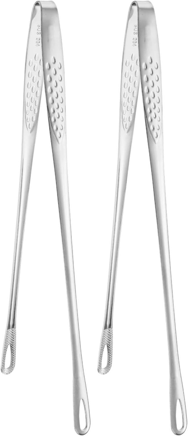 M METERXITY 2-Pack Extra Long Grill Tongs, 11 Inch Non-Slip 304 Stainless Steel Locking Tongs for Cooking/Buffet/Outdoor Barbecue, Korean BBQ Tweezers Metal Clamp Tool [Silver Tone]