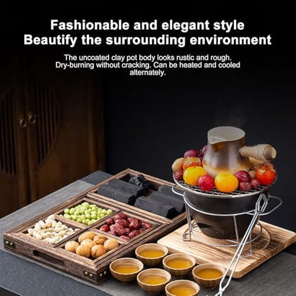 1Set Clay Charcoal Stove, Indoor Pottery Barbecue Stove, Tabletop Pottery Fire Stove, with a Wooden Pads and Grill, Metal Mesh, for Cooking Tea Stove(Brown)