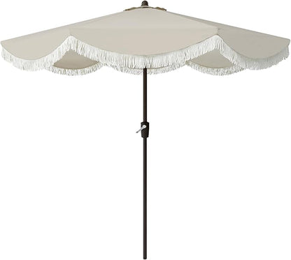 Tempera 9ft Auto Tilt Scalloped Patio Umbrellas with Fringe, Outdoor Table Umbrellas with Fade Resistant Canopy, 8 Sturdy Rids, Luxurious Vintage Umbrellas for Lawn, Pool, Deck, Balcony