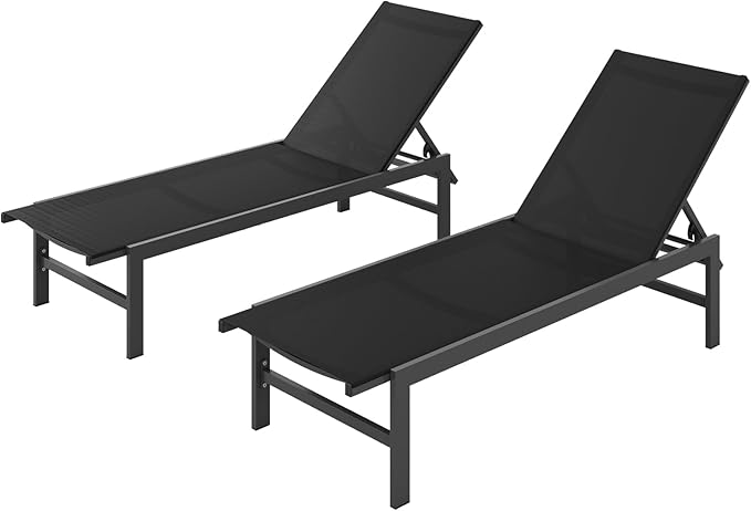 Vexwalx Outdoor Lounge Chairs Set of 2, Aluminum Patio Chaise Lounge Chairs with 5-Position Recliner, Pool Lounge Chairs for Backyard, Poolside, Deck, Lawn (Black)