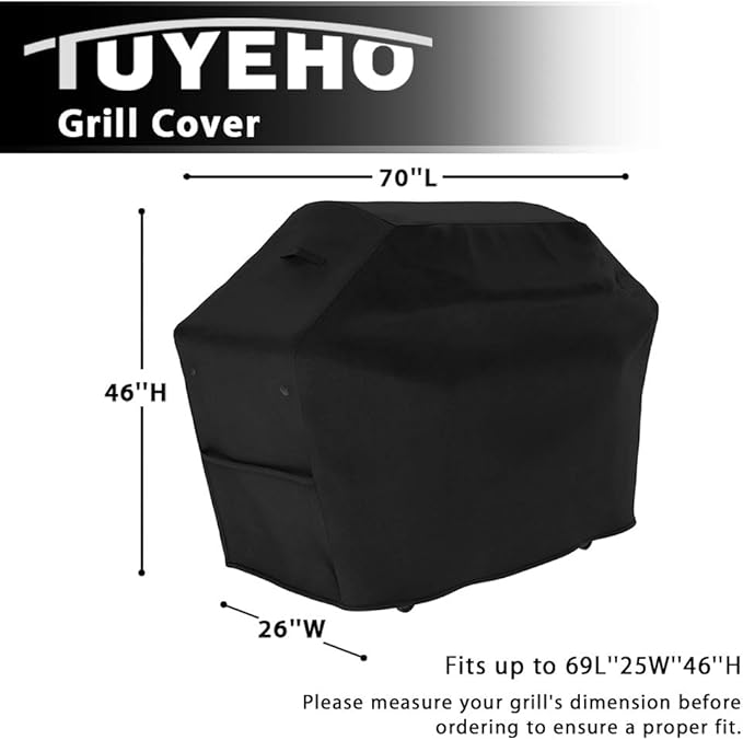 Tuyeho Grill Cover 70 x 26 x 46 inch, 600D Heavy Duty Gas BBQ Cover w/Side Fasteners Straps, Waterproof & Weather Resistant for Your Weber, Char-Broil, Brinkmann, Holland, Jenn Air (Black)