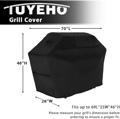 Tuyeho Grill Cover 70 x 26 x 46 inch, 600D Heavy Duty Gas BBQ Cover w/Side Fasteners Straps, Waterproof & Weather Resistant for Your Weber, Char-Broil, Brinkmann, Holland, Jenn Air (Black)