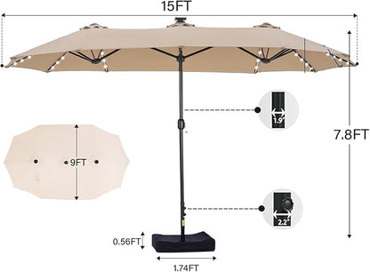 15ft Double Sided Patio Umbrella with Solar Lights, Outdoor Large Umbrellas with Crank Handle and 36 LED Lights, Rectangular Market Umbrella with Base Included for Deck Pool Shade (With Base)