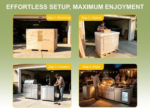 103" All-in-One Outdoor Kitchen Island,4 Burner Modular Kitchen with Grill Station Cabinetry,304 Stainless Black Granite, Sink, Fridge, BBQ Set for Patios & Backyards (Black, 103 IN)