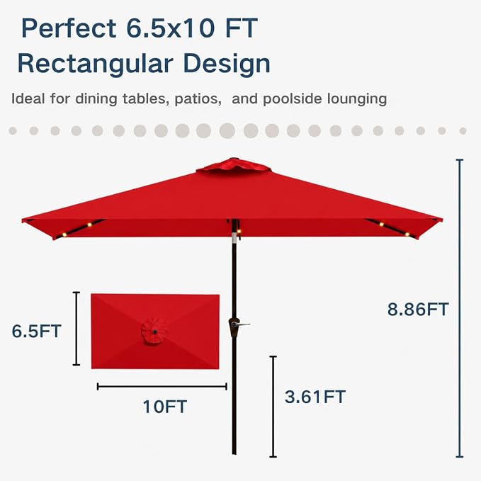 6.5 x 10ft Rectangular Patio Umbrella with Solar Lights, 16 LED Lighted Market Umbrella with Push-Button Tilt and Crank, 6 Sturdy Iron Ribs for Garden, Deck, Pool, Red