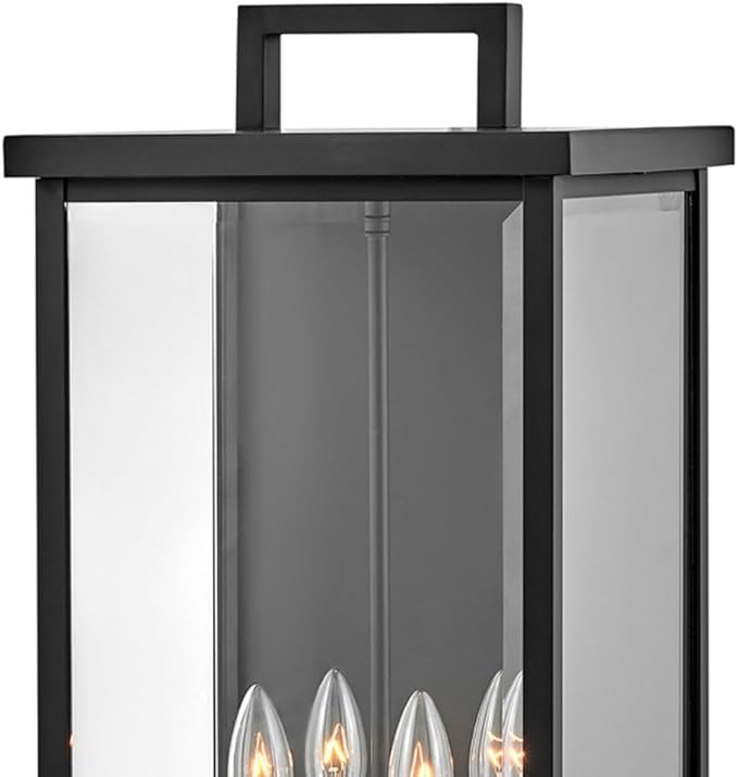Hinkley Weymouth Large Four Light Wall Mount Lantern – Estate Series, Aluminum, Candle Sleeves, Rectangular, Clear Beveled Glass – Black Finish