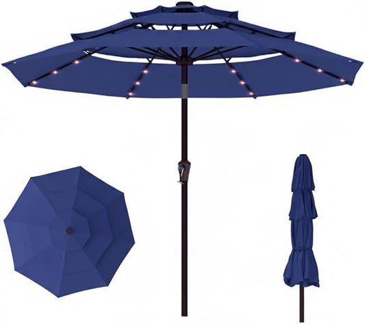 10ft 3-Tier Patio Umbrella with 32 Solar Powered LED Lights, Windproof Outdoor Market Umbrella for Deck, Poolside & Garden, Sturdy Push-Button Tilt Table Umbrella, Navy Blue