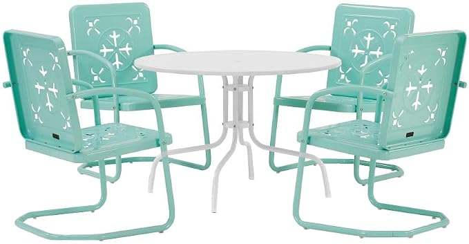 Crosley Furniture Azalea 5-Piece Vintage Outdoor Dining Set for 4, Retro Metal Round Patio Table and Chairs, Aqua Gloss/White Satin