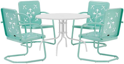Crosley Furniture Azalea 5-Piece Vintage Outdoor Dining Set for 4, Retro Metal Round Patio Table and Chairs, Aqua Gloss/White Satin