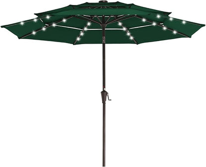 JEAREY 9 ft 3-Tier Outdoor LED Lighted Patio Umbrella w/Crank, Dark Green | Solar Market Table Umbrella with 8 Sturdy Ribs, UV Protection Waterproof Sunproof for Garden, Deck and Backyard