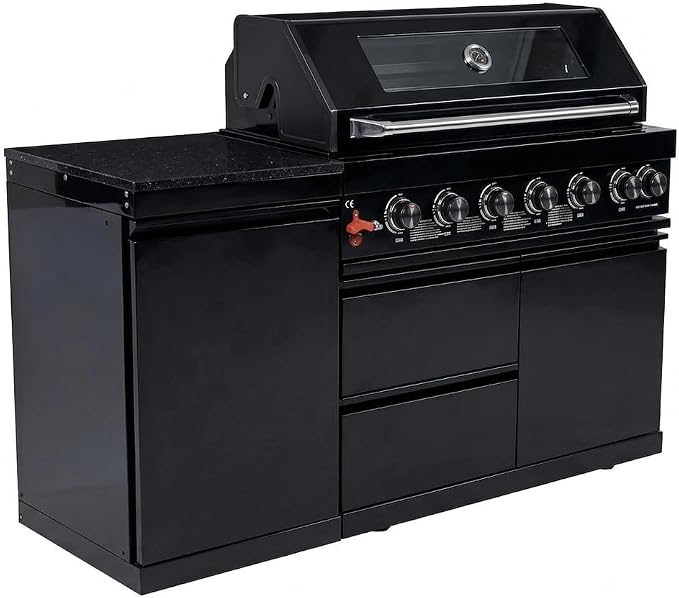 63 Inch Outdoor Kitchen Island, 6-Burner 85000 BTU Propane Stainless Steel BBQ with Side/Rear Burners, Outdoor Kitchen Bar Barbecue Island Grill,Marble Countertops,For Backyard BBQ