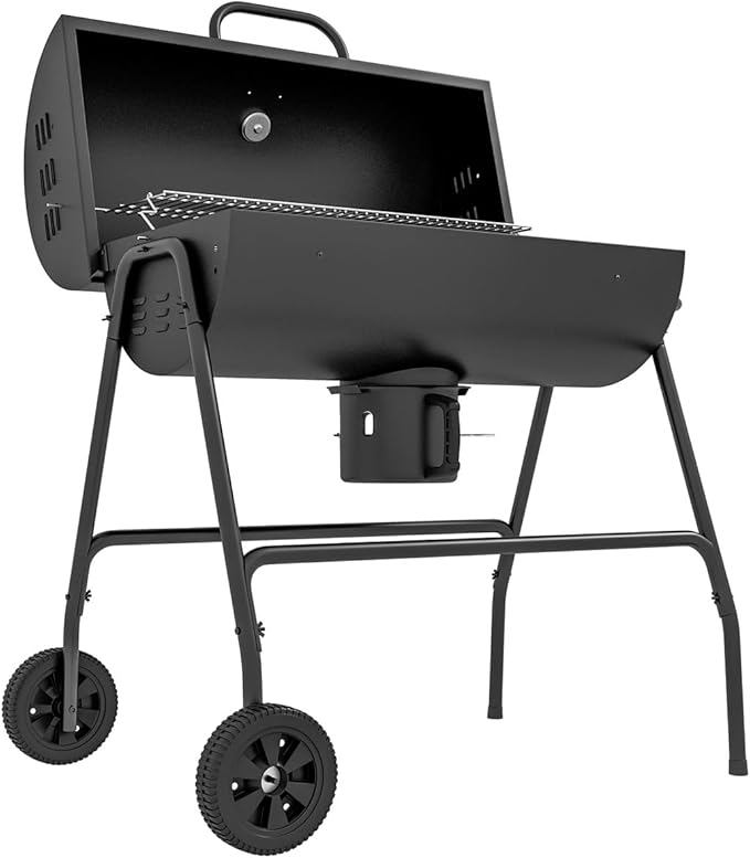Portable Charcoal Grill with Wheels, 420 Sq in Large BBQ Grill with Thermometer & Adjustable Vents, Barrel Grill with Ash Catcher & Warming Rack for Backyard, Tailgating, Patio