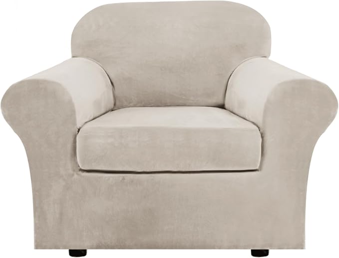 H.VERSAILTEX Rich Velvet Stretch 2 Piece Cover Chair Slipcover Sofa Cover Furniture Protector Couch Soft with Elastic Bottom Chair Couch Cover Width Up to 49 Inch (Chair, French Oak)