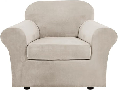 H.VERSAILTEX Rich Velvet Stretch 2 Piece Cover Chair Slipcover Sofa Cover Furniture Protector Couch Soft with Elastic Bottom Chair Couch Cover Width Up to 49 Inch (Chair, French Oak)
