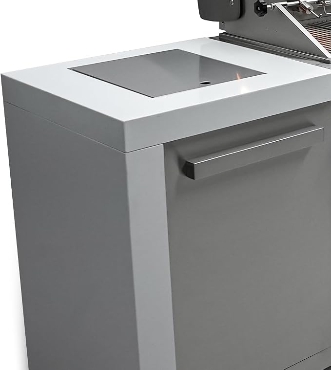 Mont Alpi Deluxe 132"W x 23"D x 46"H Stainless Steel Outdoor Kitchen Island with Refrigerator + 44"W 6-Burner BBQ Grill + Faucet and Sink + Granite Countertops + Storage Cabinets + Rotisserie + Cover