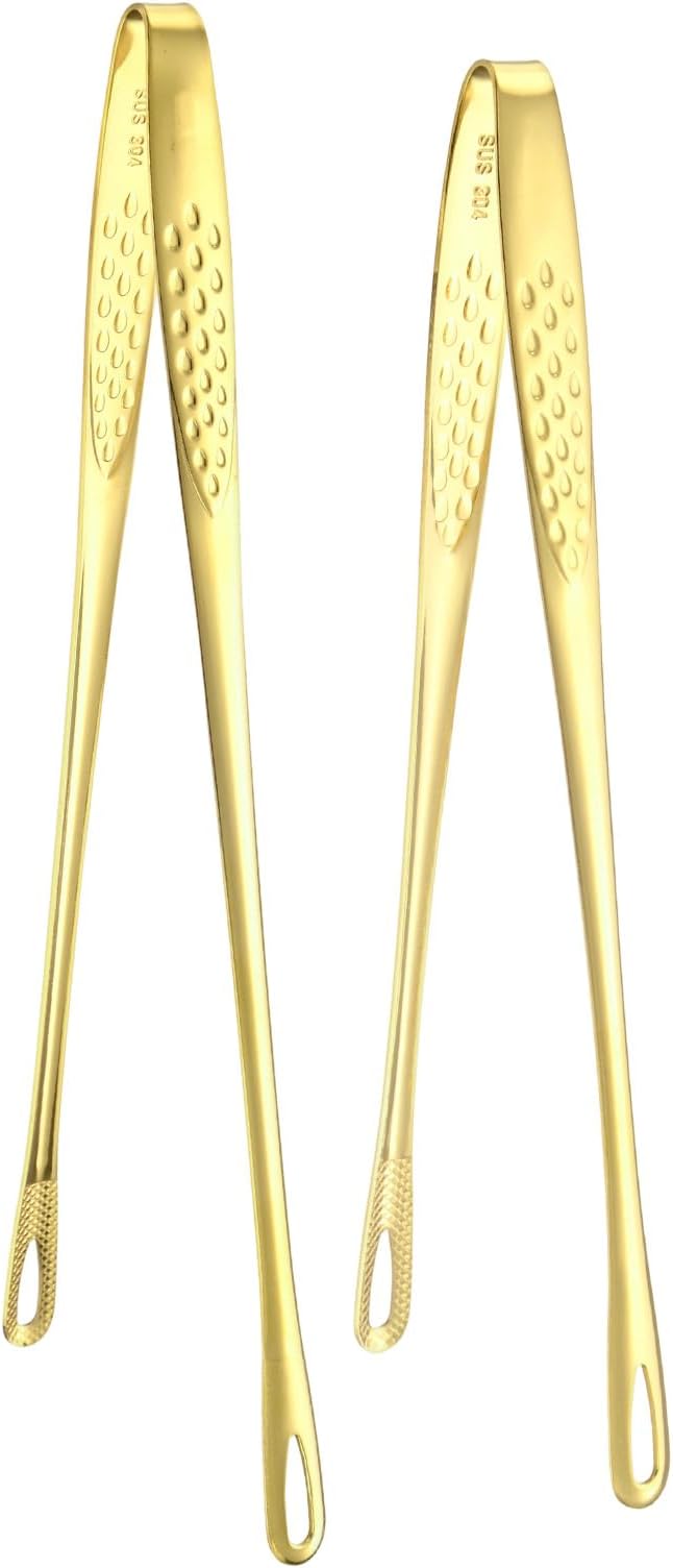 M METERXITY 2-Pack Extra Long Grill Tongs, 9.4/11 Inch Non-Slip 304 Stainless Steel Locking Tongs for Cooking/Buffet/Outdoor Barbecue, Korean BBQ Tweezers Metal Clamp Tool [Gold Tone]