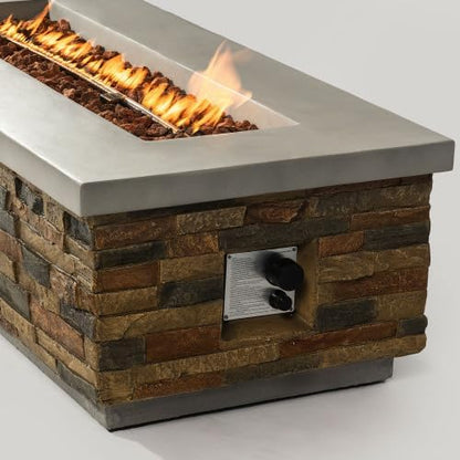 60" Outdoor Propane Gas Fire Pit, 60,000 BTU Patio Firepit, Concrete Fire Pit with Stacked Stone Base, Stainless Steel Burner, Lava Rocks, Optional Natural Gas Conversion Fire Pit