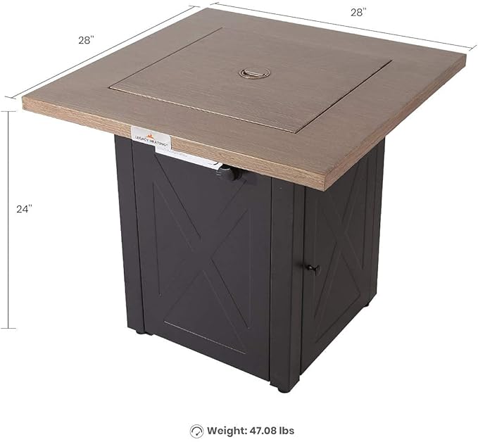 LEGACY HEATING 28 Inch Outdoor Gas Square 50000 BTU Fire Pit Table with Lid, Bionic Wood Grain Propane fire pits Tables for Outside Backyard Garden Camping Party