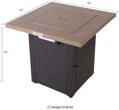 LEGACY HEATING 28 Inch Outdoor Gas Square 50000 BTU Fire Pit Table with Lid, Bionic Wood Grain Propane fire pits Tables for Outside Backyard Garden Camping Party