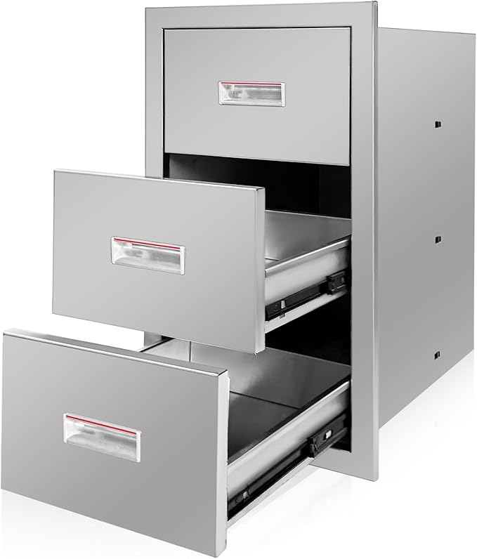 Outdoor Kitchen Triple Layer Drawer 15'' W x 25.4'' H x 19'' D Flush Mount BBQ Access Drawers Stainless Steel BBQ Island Drawers with Handle Suitable for Outdoor Kitchen Island Grill Station