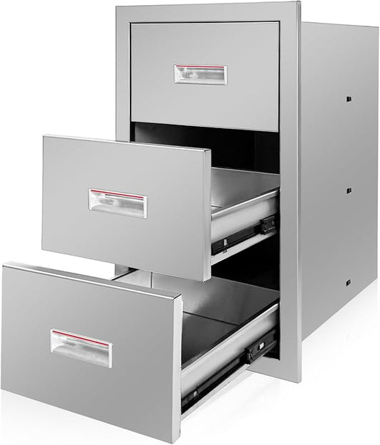Outdoor Kitchen Triple Layer Drawer 15'' W x 25.4'' H x 19'' D Flush Mount BBQ Access Drawers Stainless Steel BBQ Island Drawers with Handle Suitable for Outdoor Kitchen Island Grill Station