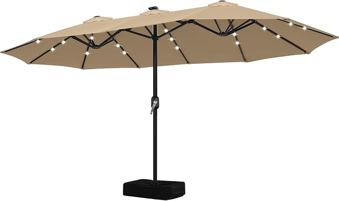 ABCCANOPY 15FT Solar LED Double-Sided Umbrella with Base, Khaki | Rectangular Outdoor Table Umbrella with Crank, Heavy Duty Market Umbrella Shade for Garden,Poolside, Lawn, Backyard